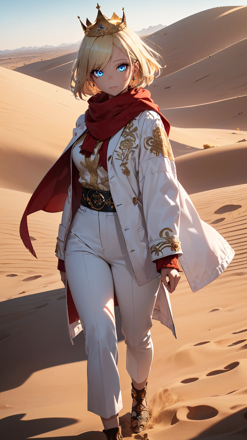 masterpiece, best quality, high definition, highres, (1girl, solo:1.3), (blonde hair, short hair, hair swaying from the wind:1.3), (blue eyes, detailed eyes, bright pupils:1.3), (white jacket, white coat, red scarf, royal robes, ornate shirt, embroidered shirt, white pants:1.4), (crown, wearing crown:1.3), (standing, walking:1.2), (scenery, desert scenery, intricate desert background, sand mounds:1.4), (day time, warm lighting, dust particles, bokeh:1.1),