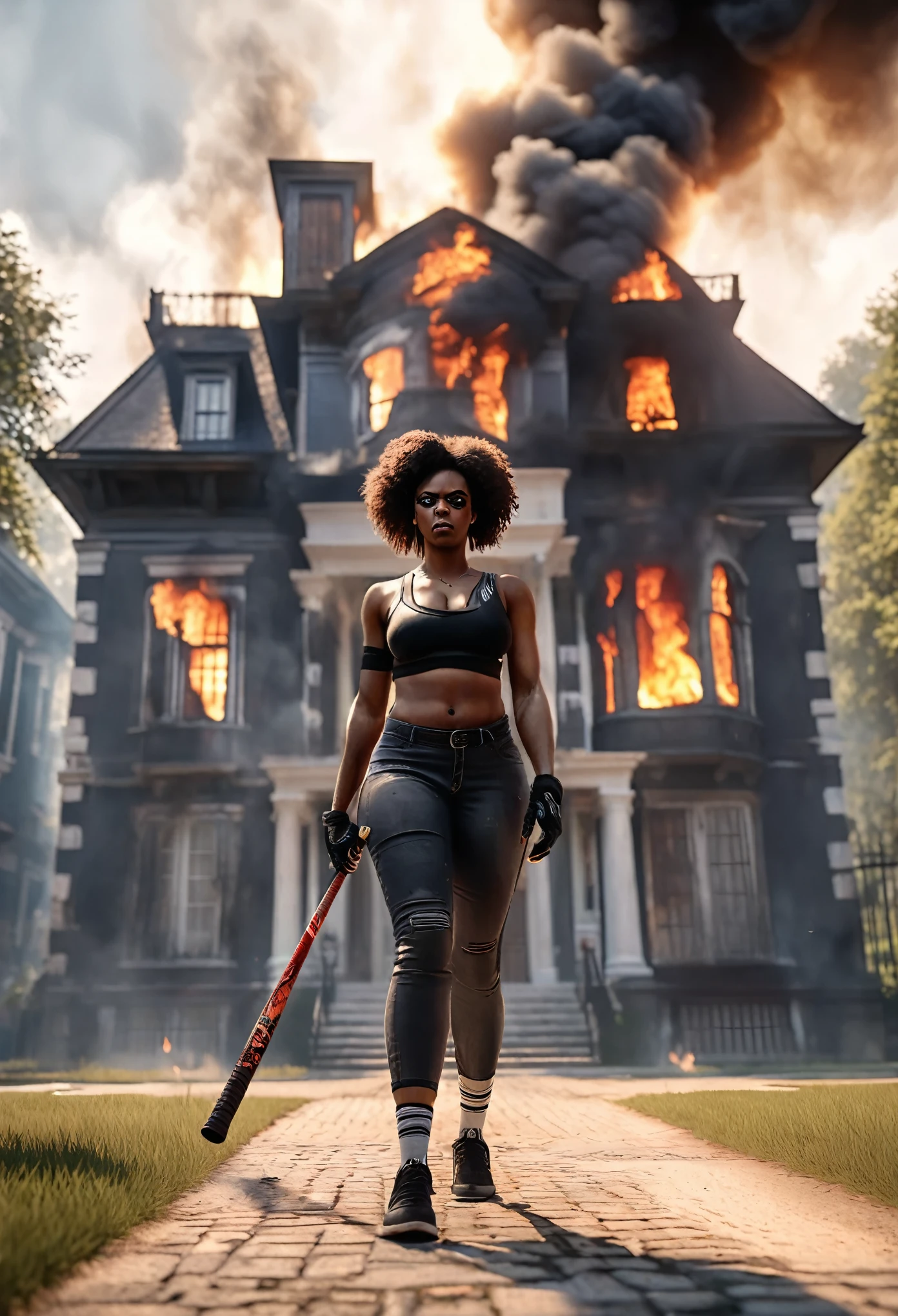 Angry black woman with a baseball bat, walking towards the viewer, burning mansion in the background with huge smoke, angry, 32k, ultra HD, unreal engine rendered, cinematic lighting