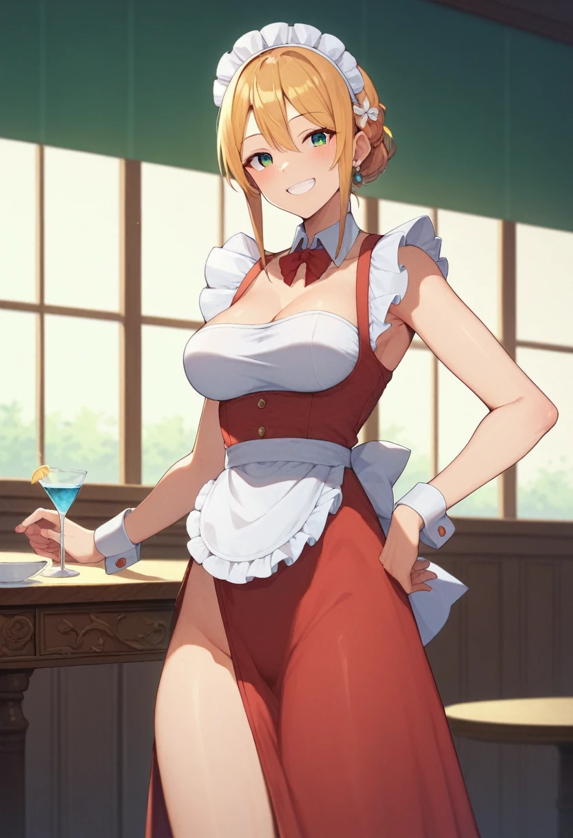 1 girl, Rubbing in the crotch, Table hump, gown, Viewers look at, smile, maid,, masterpiece, best quality, muito detalhado