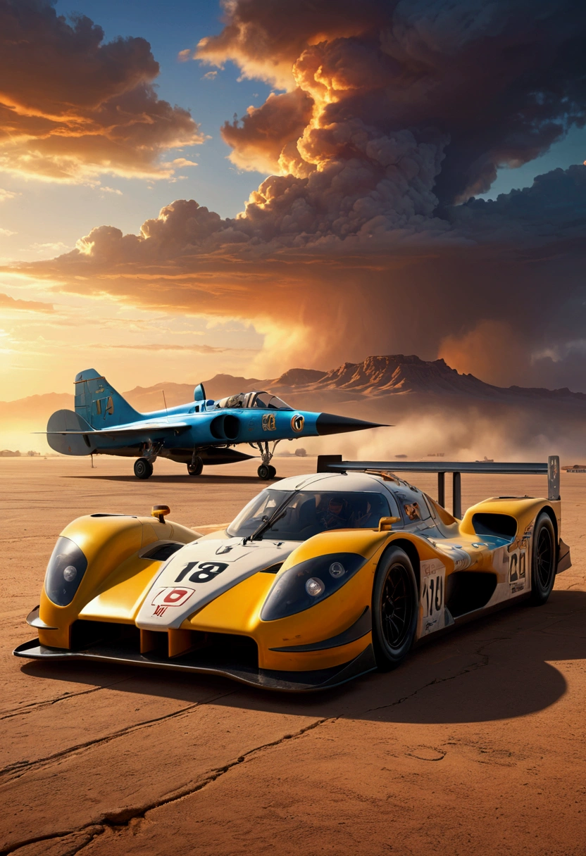a racing prototype car with desert princess written on the side, a painting of a desert princess, military airfield, highly detailed, photorealistic, 8k, hyper detailed, cinematic lighting, dramatic sky, volumetric fog, epic, intricate details, award winning, masterpiece, studio quality, sharp focus, physically based rendering, extreme detail description, professional, vivid colors, dramatic lighting, atmospheric, gritty, military precision, seamless, stunning visual effects
