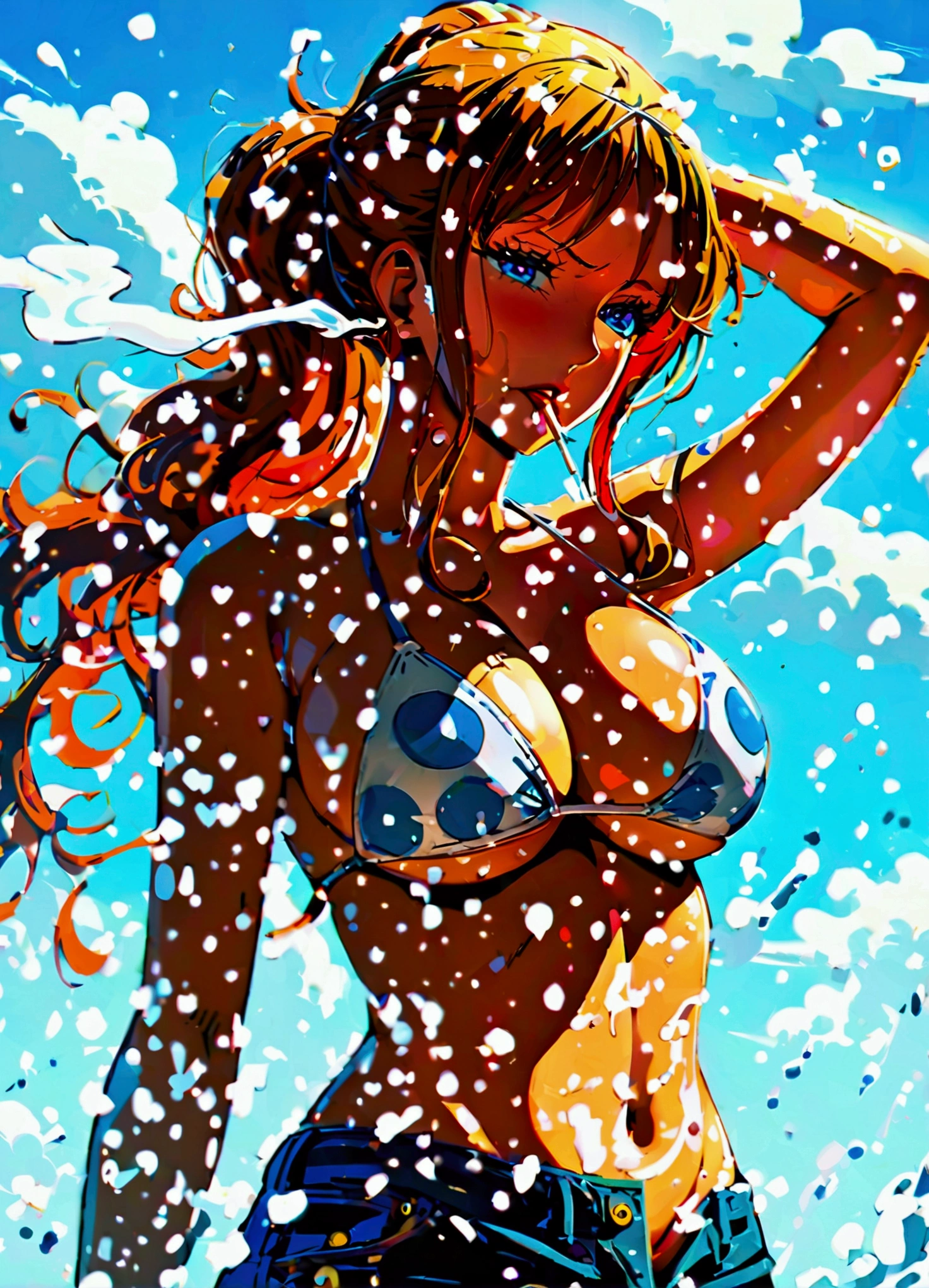 a cartoon picture of a woman in a bikini top and jeans, nami one piece, nami from one piece, nami, beautiful portrait of nami, from one piece, oppai, blue eyes, smoking, ponytail, nsfw