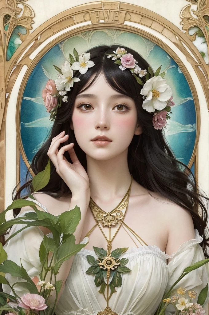 Depicts a beautiful woman with flowers in her hair、Highly detailed watercolor painting, The style of Alfons Maria Mucha and Gustav Kirmut, Art Nouveau accents, Fairy Princess, Anthropomorphic woman, Female figure, Detailed cover artwork, As the Flower Goddess, Alphonse Mucha, Gustav Klimt, Pale skin, Marble sculpture, society, Gothic art, Art Nouveau, Behance Contest Winner, black hair, Asian