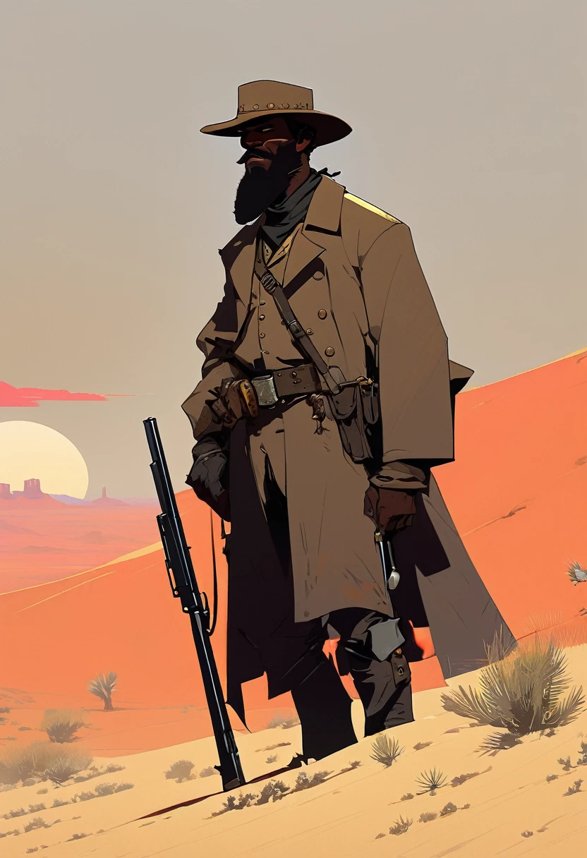 score_9, score_8_up, score_7_up, score_6_up, score_5_up, score_4_up, 1man, Western, Desert, red sun, scorching sun, arid, Horizon, far away, Wild West, red dead Redemption, cartoon art style, Black skin, giant gray beard, black cowboy hat, brown overcoat, holstered pistol