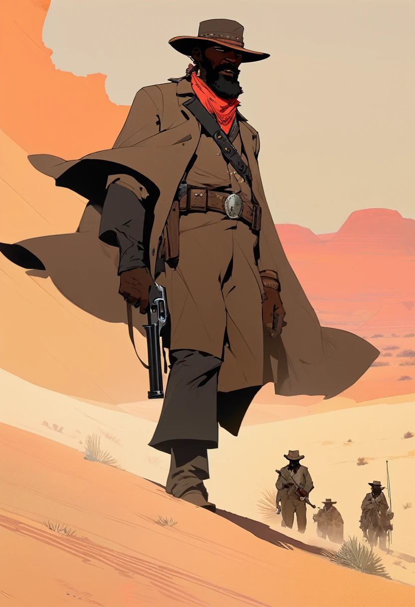 score_9, score_8_up, score_7_up, score_6_up, score_5_up, score_4_up, 1man, Western, Desert, red sun, scorching sun, arid, Horizon, far away, Wild West, red dead Redemption, cartoon art style, Black skin, giant gray beard, black cowboy hat, brown overcoat, holstered pistol