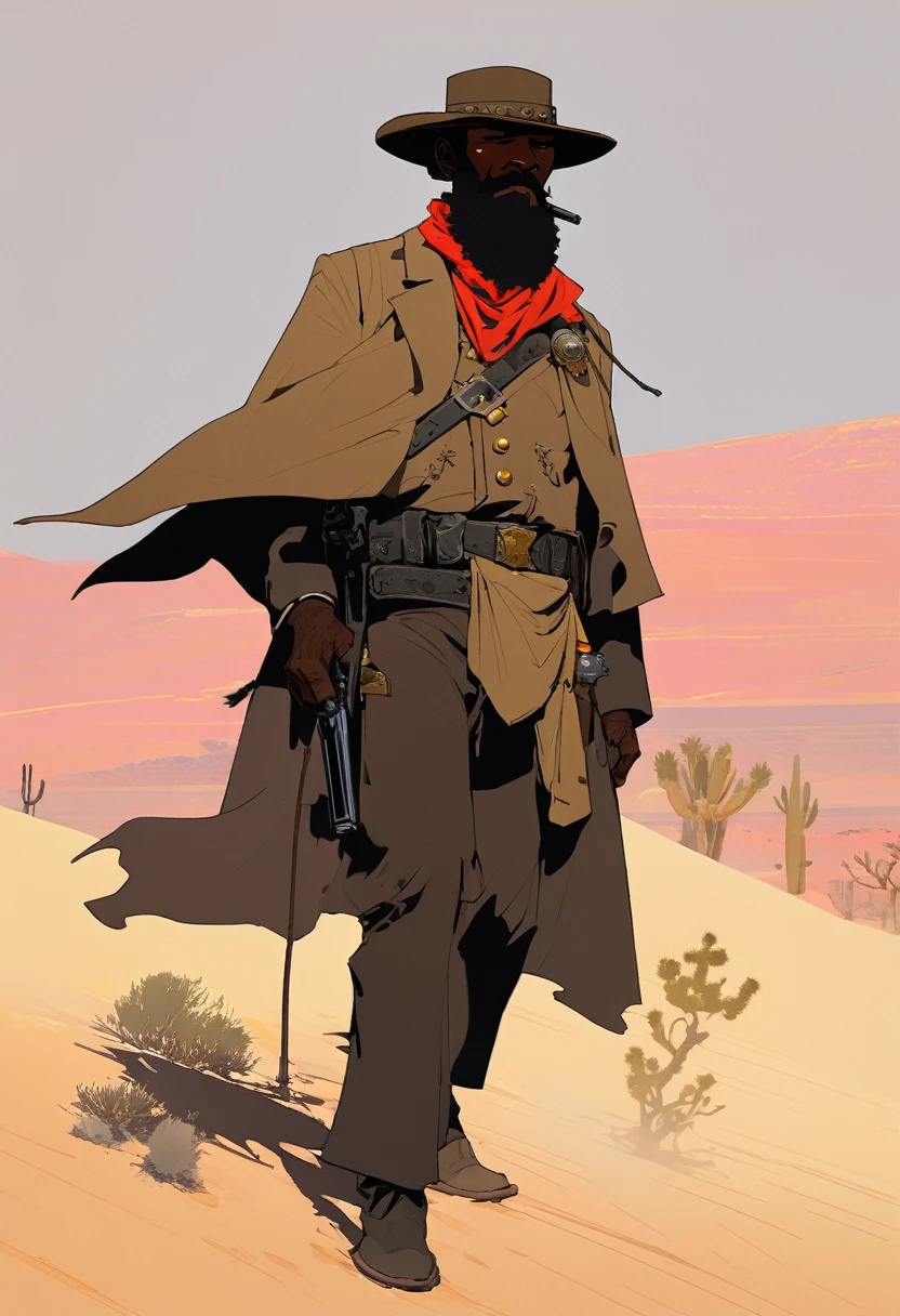 score_9, score_8_up, score_7_up, score_6_up, score_5_up, score_4_up, 1man, Western, Desert, red sun, scorching sun, arid, Horizon, far away, Wild West, red dead Redemption, cartoon art style, Black skin, giant gray beard, black cowboy hat, brown overcoat, holstered pistol