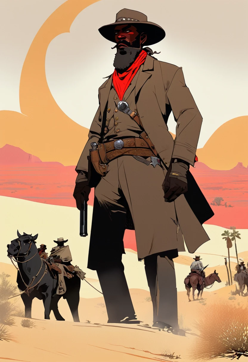 score_9, score_8_up, score_7_up, score_6_up, score_5_up, score_4_up, 1man, Western, Desert, red sun, scorching sun, arid, Horizon, far away, Wild West, red dead Redemption, cartoon art style, Black skin, giant gray beard, black cowboy hat, brown overcoat, holstered pistol