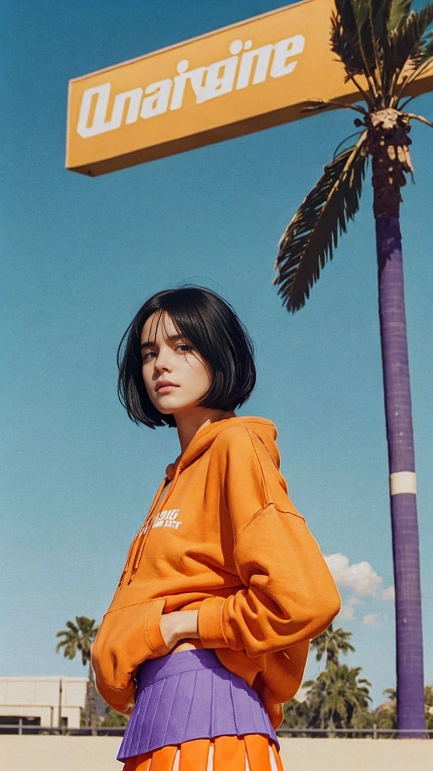 long shot portrait of cute 23 yo girl ,wear ((orange color oversized_hoodie)), wear ((purple tennis skirt)),looking front,Best Quality,Masterpiece,Ultra High Resolution,(Realisticity:1.4),Original Photo, 1Girl, light leak,ultra high resolution,UHD,beautiful, (black bob hair), almond eye, no makeup, in front of ((80's abandon gas station)), (realistic:1.2), (surreal:1.3), (very detailed:1.1), ((masterpiece)),summer, blue sky, palm trees,sunny, los angles vibes,film camera, 800mm lens,style of Philip Lorca diCorcia