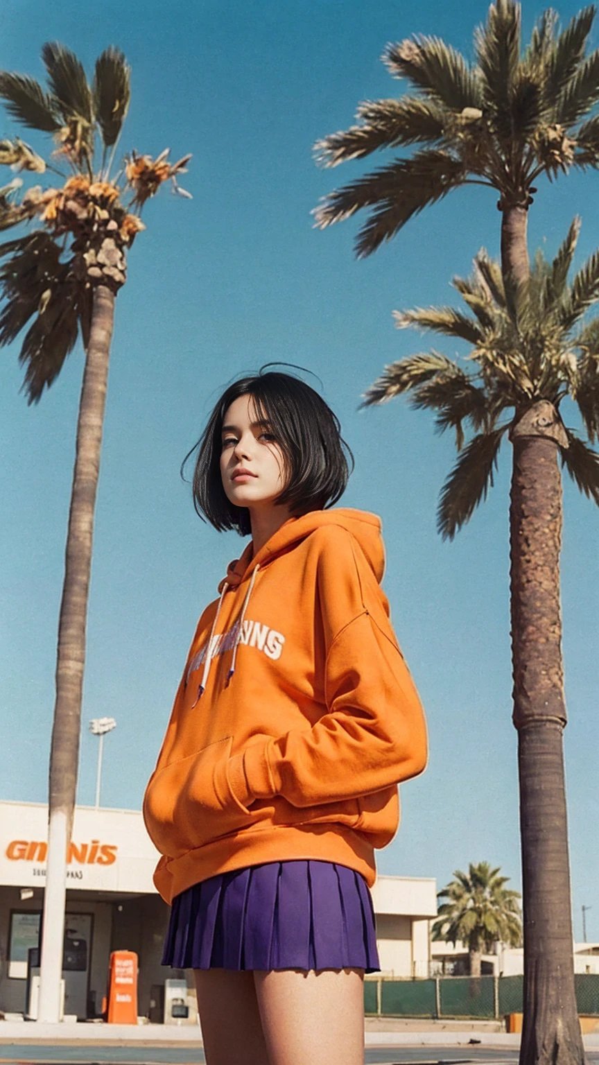 long shot portrait of cute 23 yo girl ,wear ((orange color oversized_hoodie)), wear ((purple tennis skirt)),looking front,Best Quality,Masterpiece,Ultra High Resolution,(Realisticity:1.4),Original Photo, 1Girl, light leak,ultra high resolution,UHD,beautiful, (black bob hair), almond eye, no makeup, in front of ((80's abandon gas station)), (realistic:1.2), (surreal:1.3), (very detailed:1.1), ((masterpiece)),summer, blue sky, palm trees,sunny, los angles vibes,film camera, 800mm lens,style of Philip Lorca diCorcia