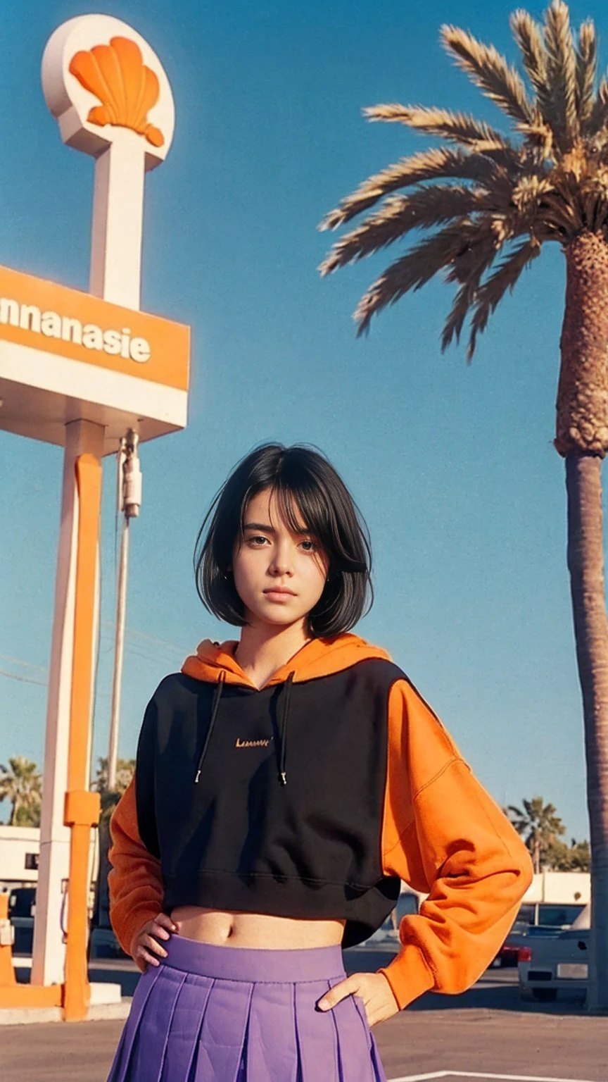 long shot portrait of cute 23 yo girl ,wear ((orange color oversized_hoodie)), wear ((purple tennis skirt)),looking front,Best Quality,Masterpiece,Ultra High Resolution,(Realisticity:1.4),Original Photo, 1Girl, light leak,ultra high resolution,UHD,beautiful, (black bob hair), almond eye, no makeup, in front of ((80's abandon gas station)), (realistic:1.2), (surreal:1.3), (very detailed:1.1), ((masterpiece)),summer, blue sky, palm trees,sunny, los angles vibes,film camera, 800mm lens,style of Philip Lorca diCorcia