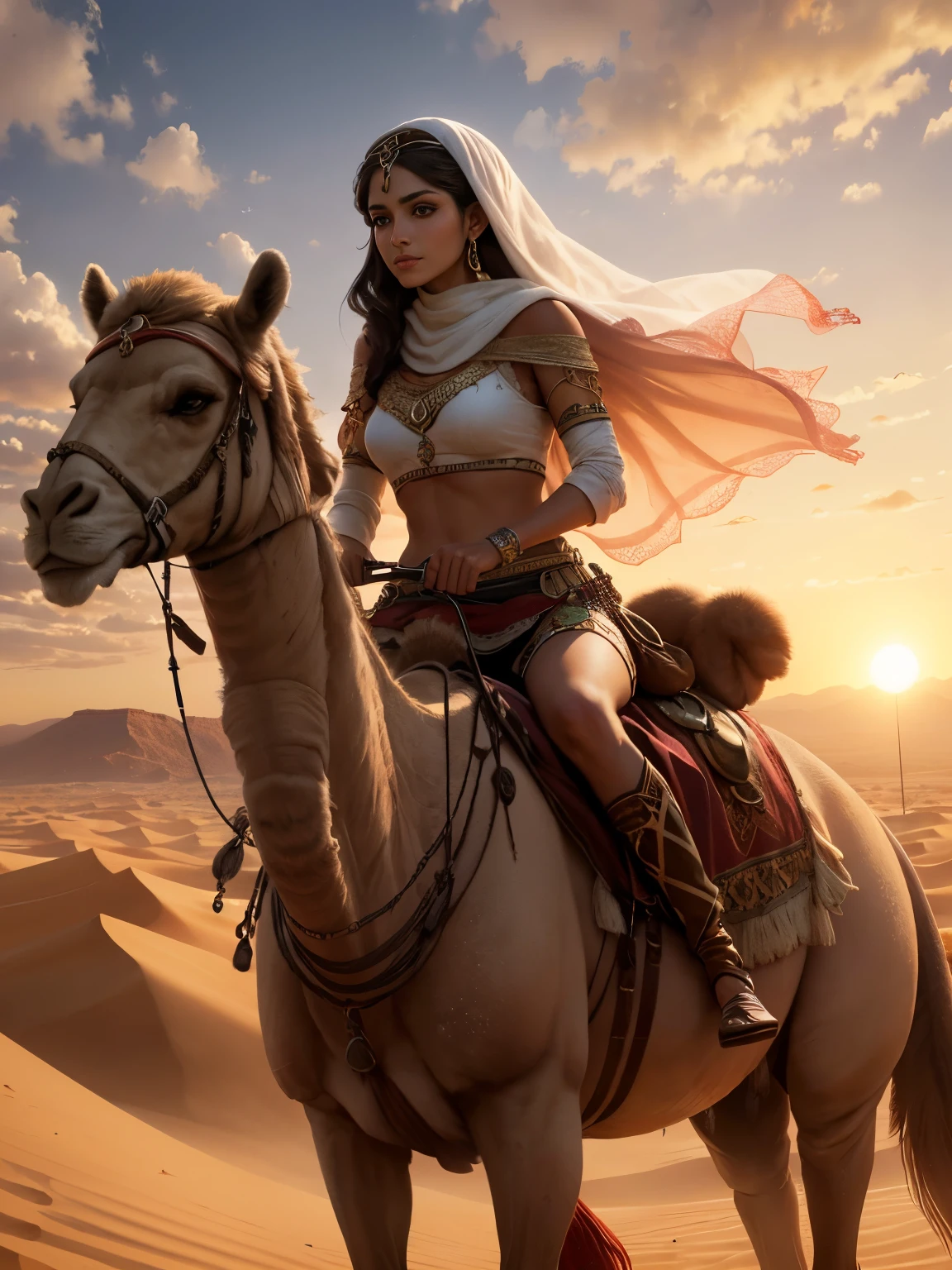 best quality, 8k, high resolution, ultra-detailed, extremely detailed, top quality, realistic, Desert Princess, arabian lady, riding a camel, sunset