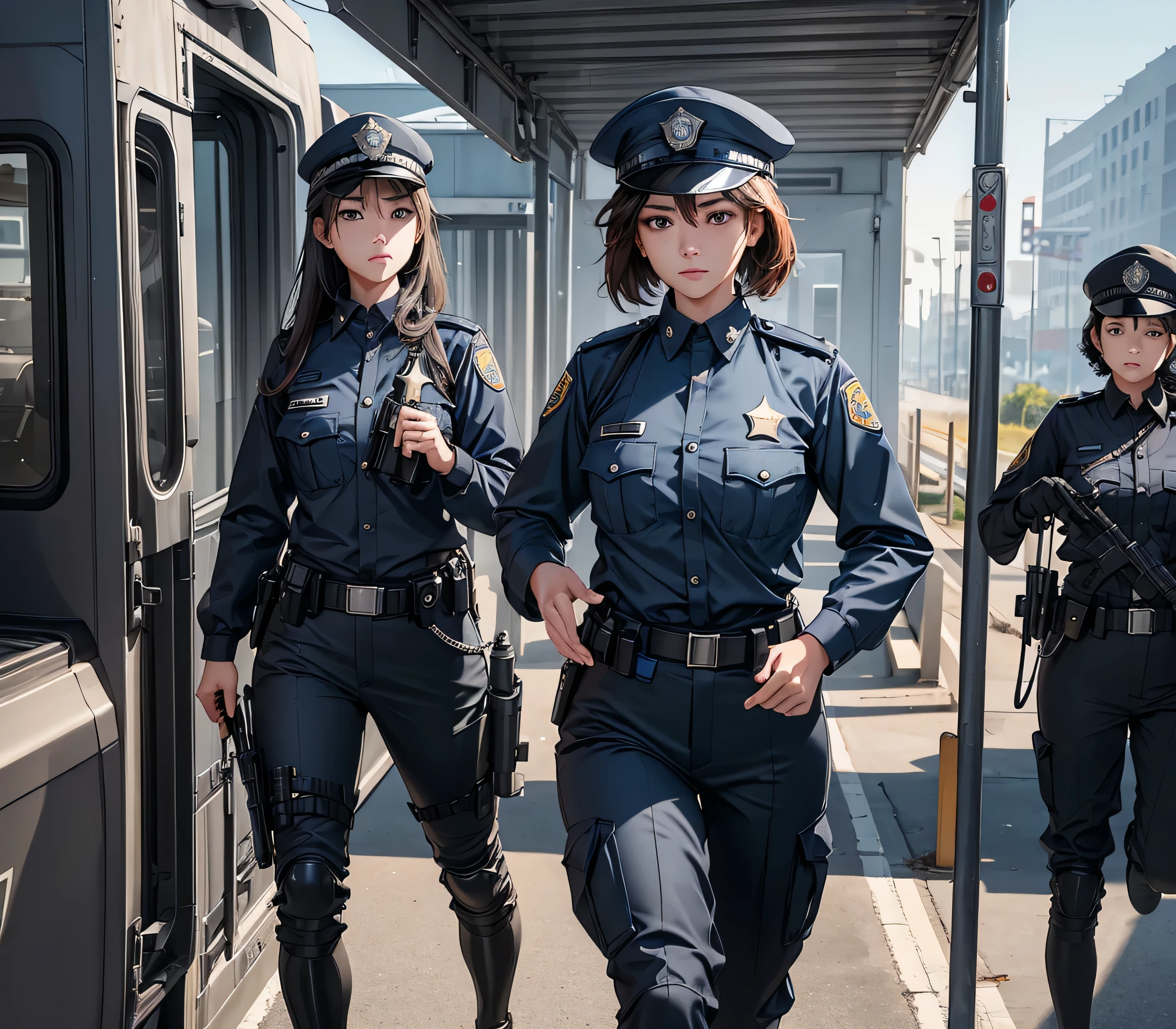 A group of female police officers wearing internal affairs uniforms，Wear a steel helmet、Military Pants、Individual equipment set、Alert with guns、Write details、masterpiece、best quality、Highly detailed CG、8K picture quality