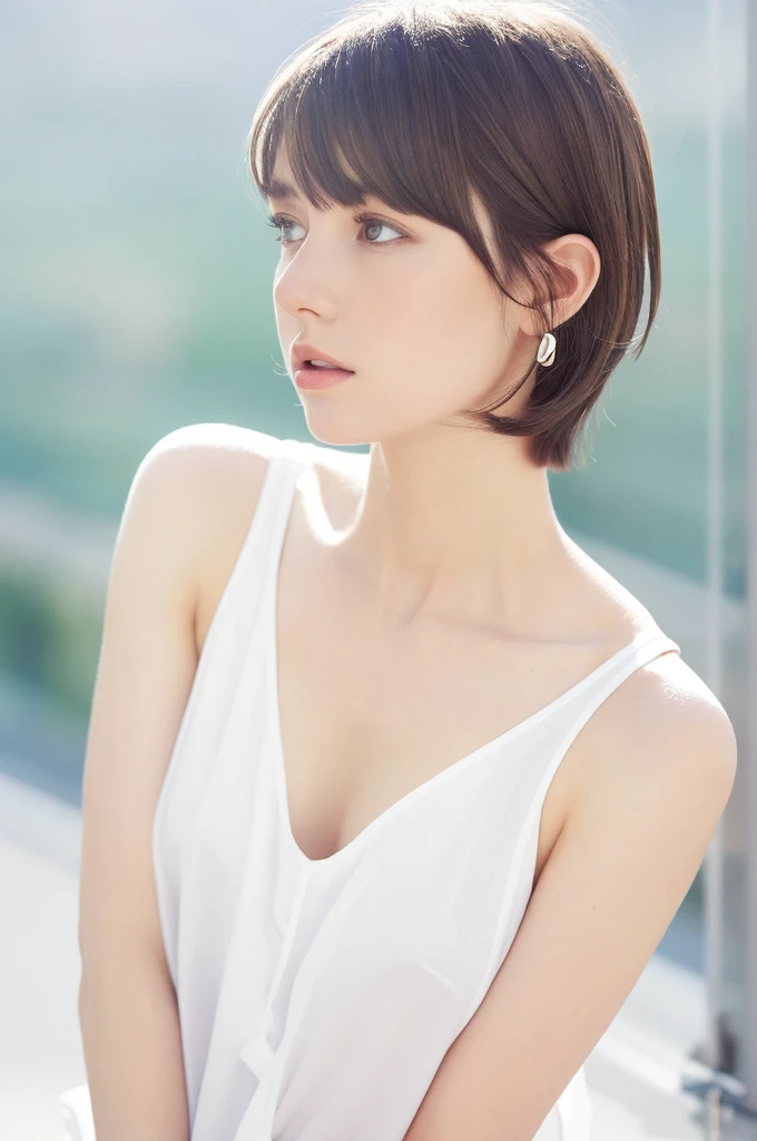 {{a extremely delicate and beautiful girl}}, {{extremely delicate and beautiful girl}}, {{{soft focus}}}, {{{perfect details}}}, {{{detailed and beautiful}}}, close shot, looking away, depthoffield, look up to, beautiful detailed fullbody, longuette, {{{woman}}}, young, very short hair, spiked hair, wept bangs, grey hair, Perfect face, ?, detailed beautiful eyes, white skin, piercing, harajuku fashion, sleeveless shirt, open clothes, landscapes, white background, blurry background, cinematic lighting, flowing transparent white, {{{best masterpiece}}}, {{{best quality}}}, {{{extremely detailed 8K wallpaper}}},