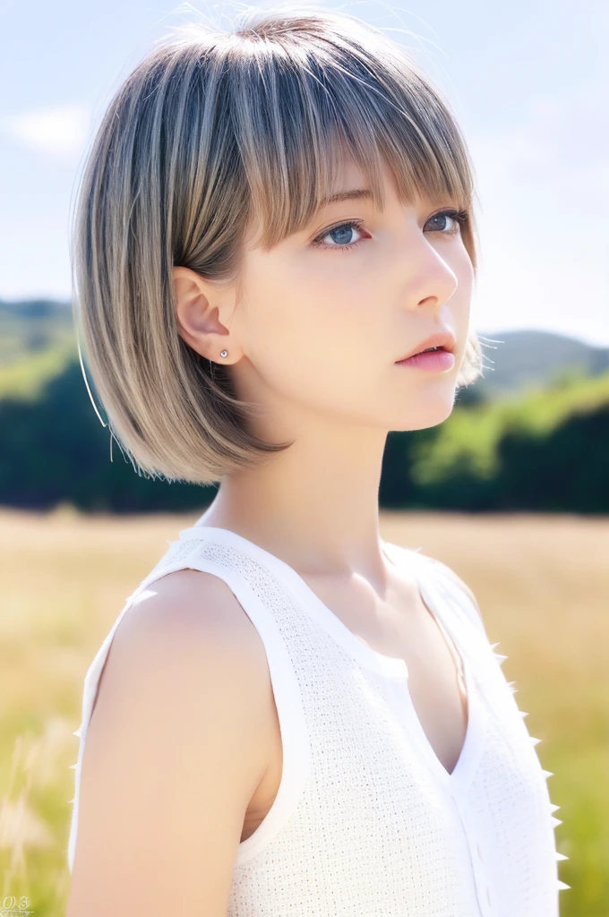 {{a extremely delicate and beautiful girl}}, {{extremely delicate and beautiful girl}}, {{{soft focus}}}, {{{perfect details}}}, {{{detailed and beautiful}}}, close shot, looking away, depthoffield, look up to, beautiful detailed fullbody, longuette, {{{woman}}}, young, very short hair, spiked hair, wept bangs, grey hair, Perfect face, ?, detailed beautiful eyes, white skin, piercing, harajuku fashion, sleeveless shirt, open clothes, landscapes, white background, blurry background, cinematic lighting, flowing transparent white, {{{best masterpiece}}}, {{{best quality}}}, {{{extremely detailed 8K wallpaper}}},
