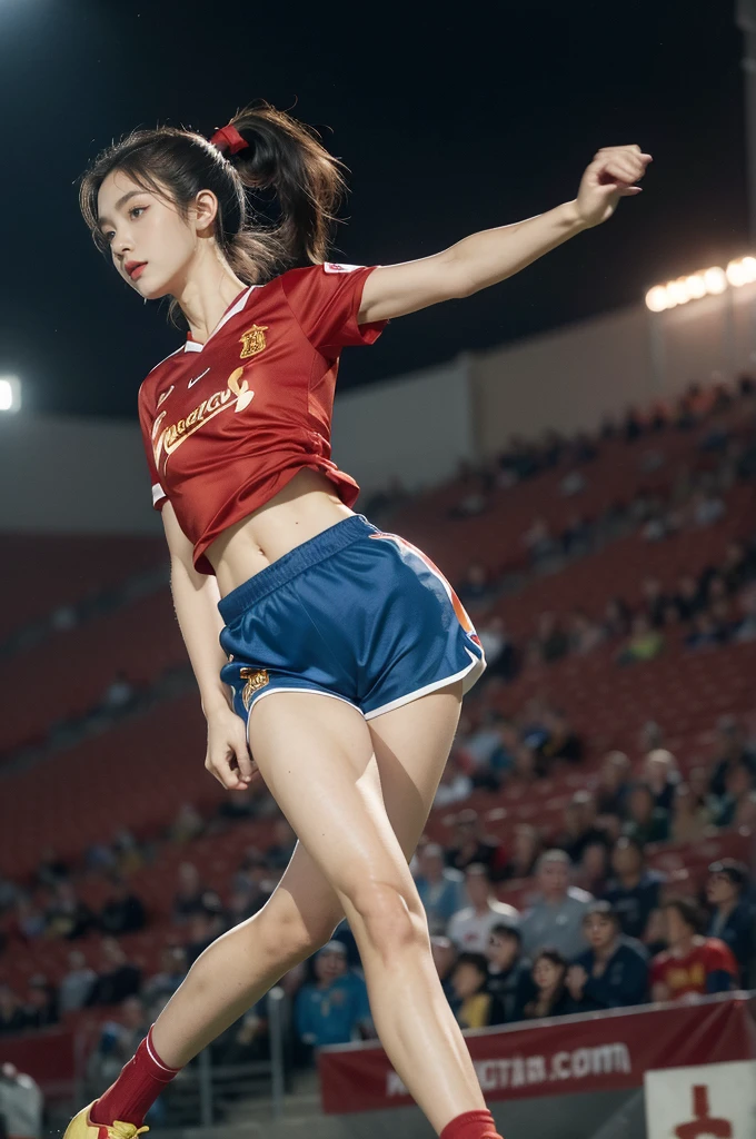 (((best quality))), (((ultra detailed))), (((masterpiece))), illustration,(a beautiful girl,female footballer,solo),(short ponytail:1.2),Spanish team,(short sleeves:1.2),((red jersey, blue shorts)),((slim,thin)),((small breasts,flat chest))),(slender legs:1.2),(football:1.3),determination, agility, passion, dedication, energetic crowd, vibrant atmosphere, electric, invigorating, chaotic, aggressive movements, powerful kicks, elegance, composure, intensity, sports, moment, perseverance, stands, packed stands, enthusiastic fans, roaring, supportive, cheering, chanting, sheen of sweat, skillful, dynamic, picturesque, atmospheric, action-packed, dramatic, realistic,adium, night game, stadium lighting, passionate player, focus, determination, talent, artistry, movement, speed, grace,(standing:1.3),((from front,full body)),(night scene:1.3)