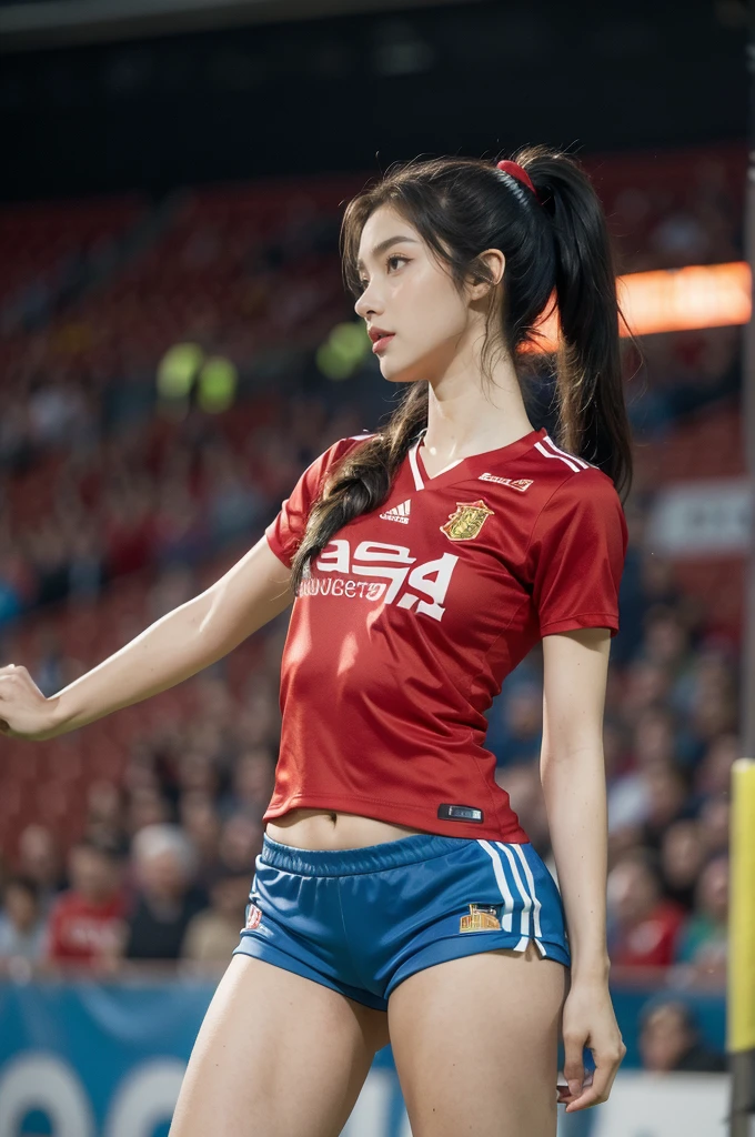 (((best quality))), (((ultra detailed))), (((masterpiece))), illustration,(a beautiful girl,female footballer,solo),(short ponytail:1.2),Spanish team,(short sleeves:1.2),((red jersey, blue shorts)),((slim,thin)),((small breasts,flat chest))),(slender legs:1.2),(football:1.3),determination, agility, passion, dedication, energetic crowd, vibrant atmosphere, electric, invigorating, chaotic, aggressive movements, powerful kicks, elegance, composure, intensity, sports, moment, perseverance, stands, packed stands, enthusiastic fans, roaring, supportive, cheering, chanting, sheen of sweat, skillful, dynamic, picturesque, atmospheric, action-packed, dramatic, realistic,adium, night game, stadium lighting, passionate player, focus, determination, talent, artistry, movement, speed, grace,(standing:1.3),((from front,full body)),(night scene:1.3)