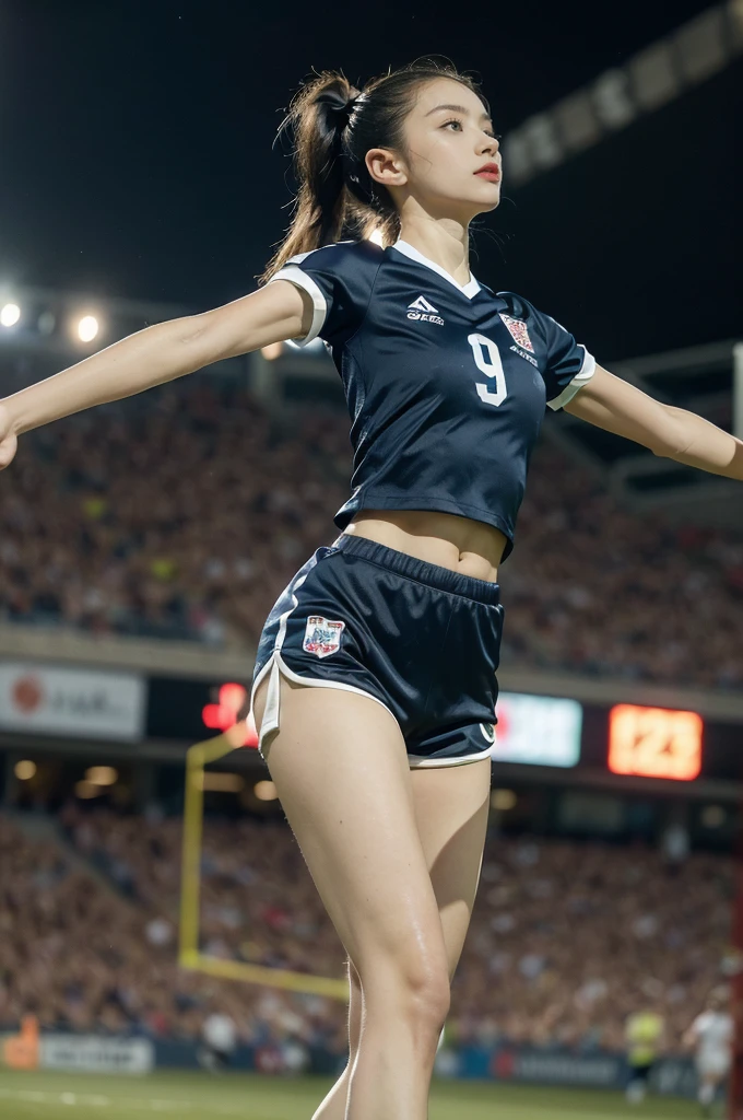 (((best quality))),(((ultra detailed))),(((masterpiece))),illustration,((1 beautiful girl,female footballer,solo)),((small breasts,flat chest)),((slim,thin)),summer night,stadium,crowded stands,enthusiastic spectators,football match,(short ponytail:1.2),(short sleeves:1.2),((England team kit,white shirt,Navy shorts)),(slender legs:1.2),(football:1.3),fluid movements,powerful,sweat,forehead,exhaustion,passion for football,purposeful running,electric atmosphere,crowd roar,critical juncture,pressure,undeterred,floodlights,luminous glow,long shadows,drama,breathtaking sight,raw passion,unbridled energy,determination,skill,embodiment of sport's spirit,strength,resilience of human spirit,(standing:1.3),((from front,full body))