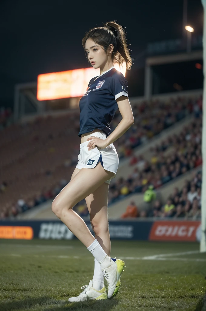 (((best quality))),(((ultra detailed))),(((masterpiece))),illustration,((1 beautiful girl,female footballer,solo)),((small breasts,flat chest)),((slim,thin)),summer night,stadium,crowded stands,enthusiastic spectators,football match,(short ponytail:1.2),(short sleeves:1.2),((England team kit,white shirt,Navy shorts)),(slender legs:1.2),(football:1.3),fluid movements,powerful,sweat,forehead,exhaustion,passion for football,purposeful running,electric atmosphere,crowd roar,critical juncture,pressure,undeterred,floodlights,luminous glow,long shadows,drama,breathtaking sight,raw passion,unbridled energy,determination,skill,embodiment of sport's spirit,strength,resilience of human spirit,(standing:1.3),((from front,full body))