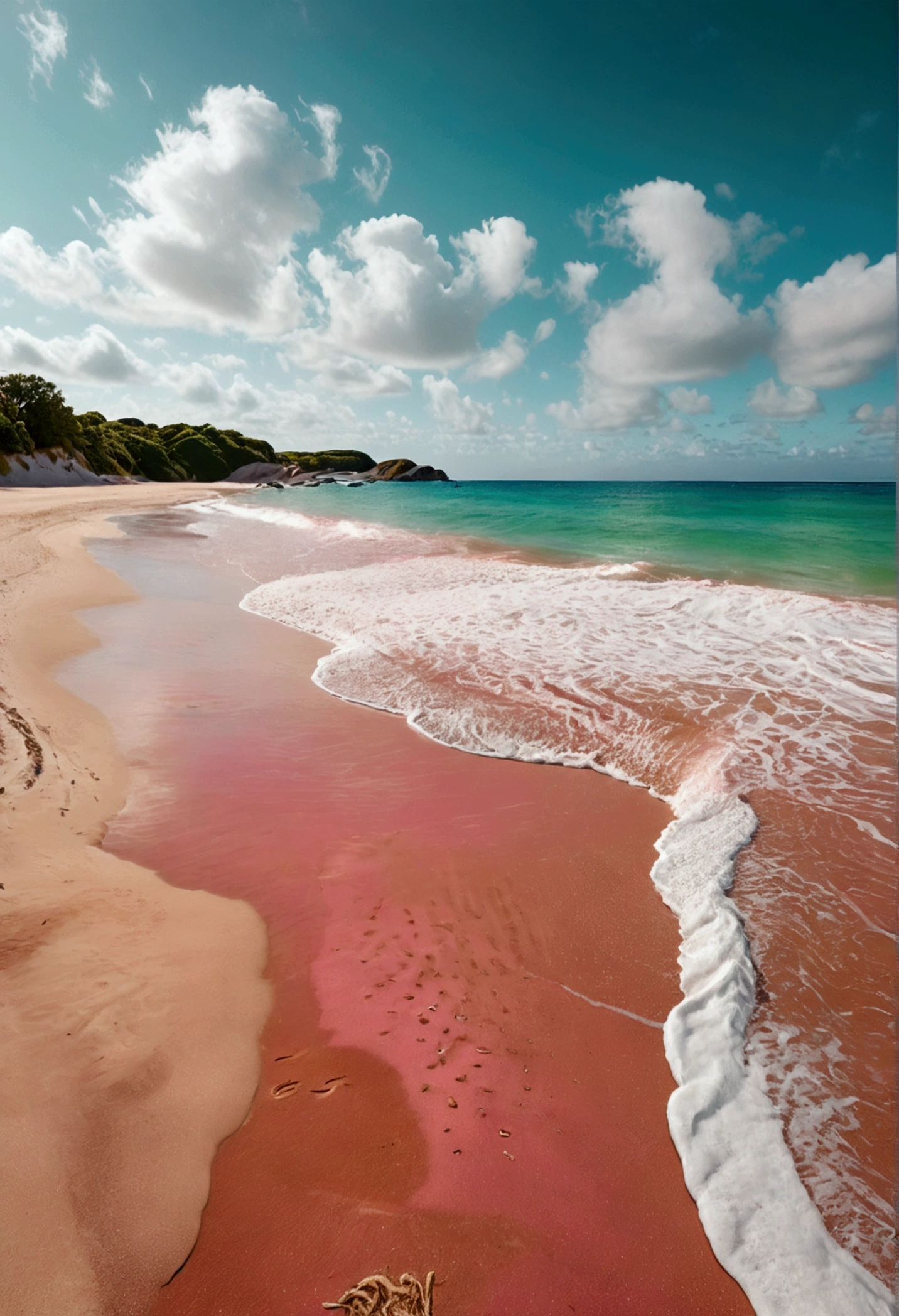 A beautiful beach landscape with a pink sand shore and a calm, green sea under a clear, cloudless sky. The scene is devoid of people, capturing the serene and tranquil essence of the beach. The style is dreamy and aesthetic, with a focus on a high-quality, ultra-clear 8K resolution to bring out the vivid details and colors. The composition follows the golden ratio, with the beach occupying one-third of the image and featuring an aesthetically curved shoreline
