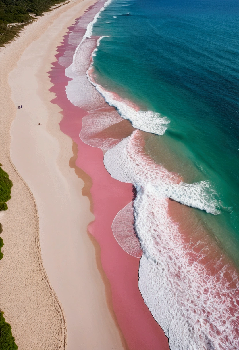 A beautiful beach landscape with a pink sand shore and a calm, green sea under a clear, cloudless sky. The scene is devoid of people, capturing the serene and tranquil essence of the beach. The style is dreamy and aesthetic, with a focus on a high-quality, ultra-clear 8K resolution to bring out the vivid details and colors. The composition follows the golden ratio, with the beach occupying one-third of the image and featuring an aesthetically curved shoreline
