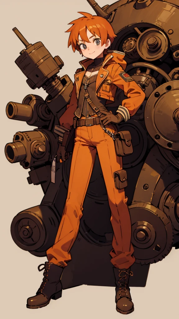 1.steampunk,15 years old,Orange Hair,goggles,A fake smile,gloves,whole body,boots,pants
