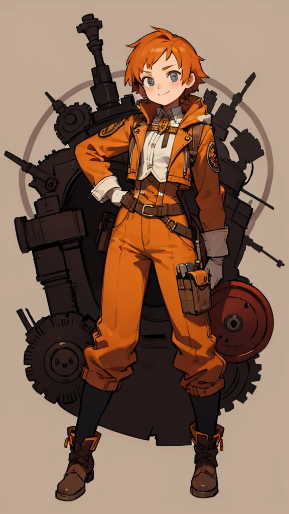 1.steampunk,,Orange Hair,goggles,A fake smile,gloves,whole body,boots,pants
