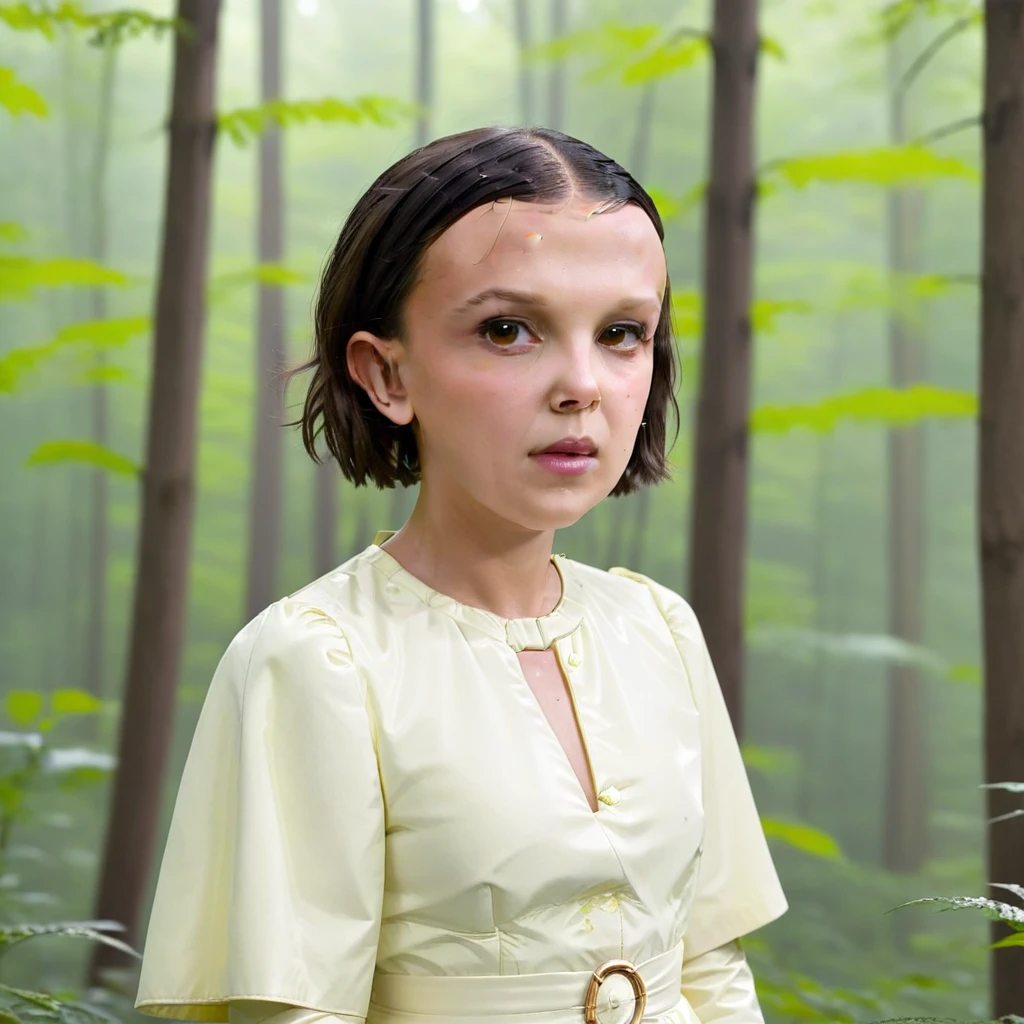 millie bobby brown standing in a forest with a bald head and a nose bleed