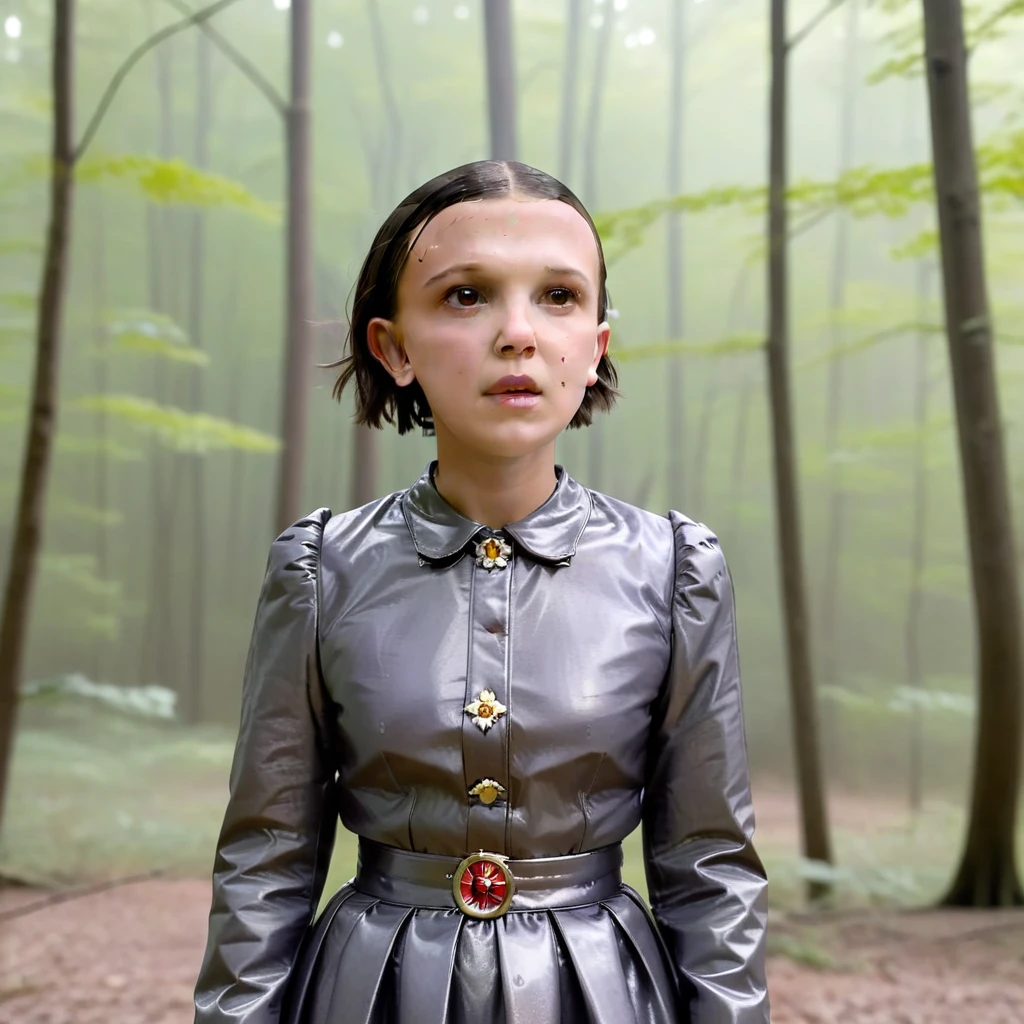 millie bobby brown standing in a forest with a bald head and a nose bleed