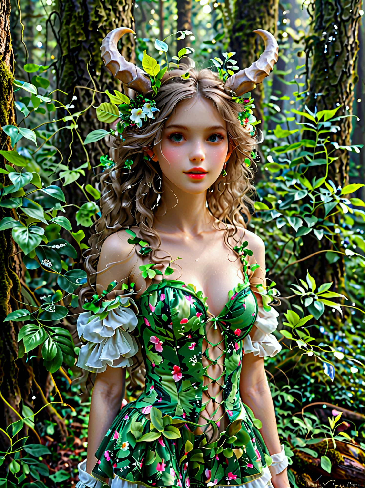 A fantasy creature with feminine qualities standing in a mysterious forest，She has lush hair，Charming eyes，(Both eyes look at you:1.5), ((Front view))，((front))，and wore a bright dress that flattered her figure.，Slender thighs，Crystal Slippers，Charming socks，Her unique features，Scales，Horns and wings，Makes her look otherworldly，She exudes an air of mystery and charm.，Attracts everyone who meets her，The forest around her is dense，With a thick trunk，Lush greenery，and fascinating plants of all shapes and sizes，The crystal dewdrops add a magical sparkle to the scene，Contributes to the overall charming atmosphere，