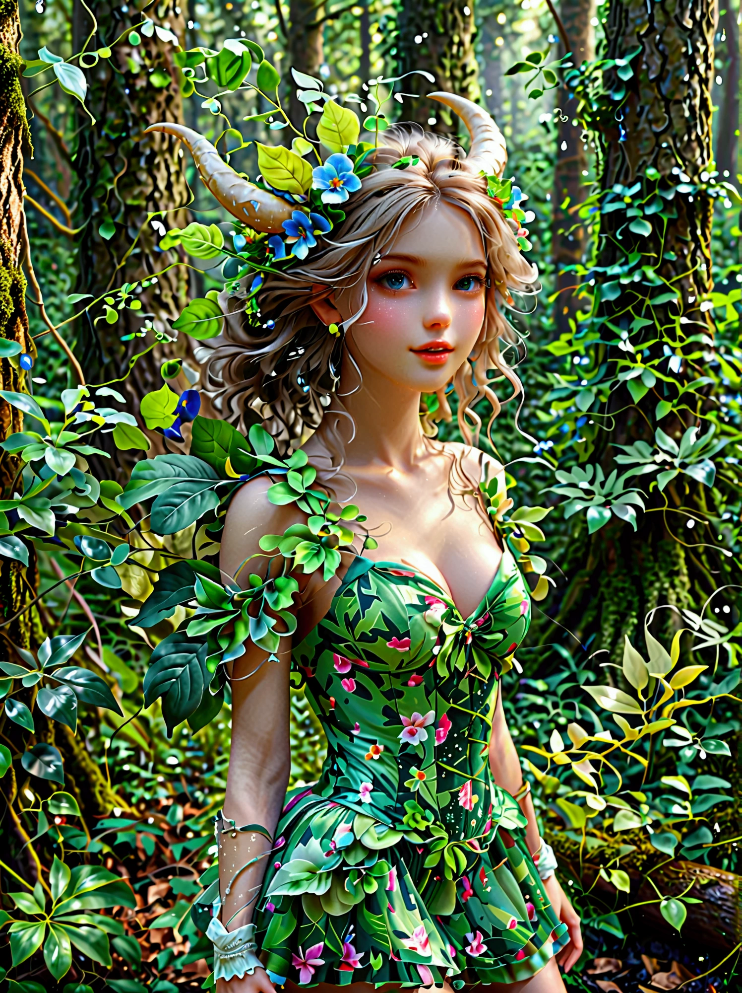 A fantasy creature with feminine qualities standing in a mysterious forest，She has lush hair，Charming eyes，(Both eyes look at you:1.5), ((Front view))，((front))，and wore a bright dress that flattered her figure.，Slender thighs，Crystal Slippers，Charming socks，Her unique features，Scales，Horns and wings，Makes her look otherworldly，She exudes an air of mystery and charm.，Attracts everyone who meets her，The forest around her is dense，With a thick trunk，Lush greenery，and fascinating plants of all shapes and sizes，The crystal dewdrops add a magical sparkle to the scene，Contributes to the overall charming atmosphere，