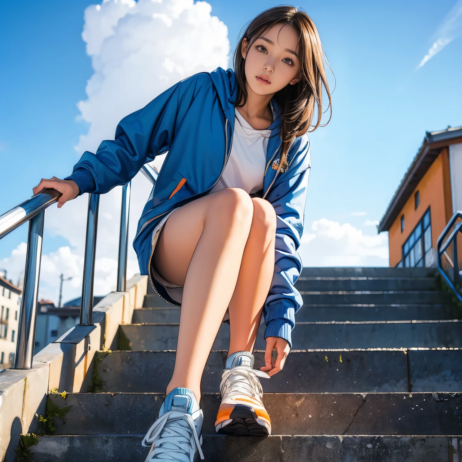 ((masterpiece,best quality;1.3,best illustration)), cowboy shot,1 19-year-old beautiful female idol,blue sky,blurred background,building,city,cloud,cloudy sky,afternoon,depth of field,Hood,Hooded jacket,Hoodie,jacket,side,orange hoodie,looking for,카메라에 가까운 shoes,from below,whole body,Lips,long sleeves,looking at viewer,motion blur,outdoors,parted Lips,handrail,shoes,shorts,seat,sky,running shoes,alone,stairs