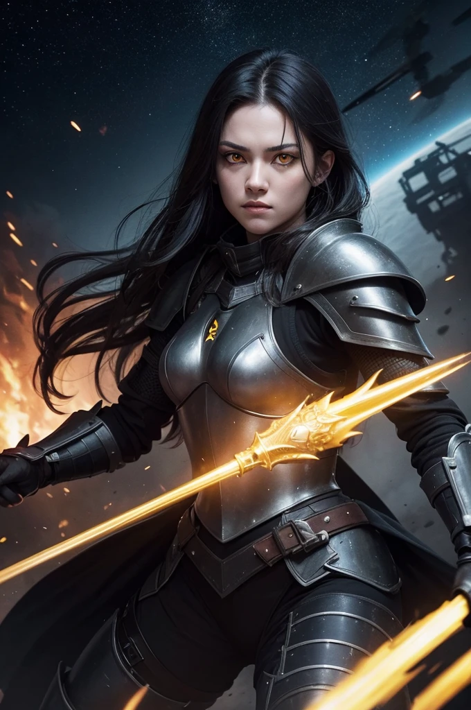 A woman with yellow eyes, dressed in full black armour, wielding a spear, fighting in a space battle.