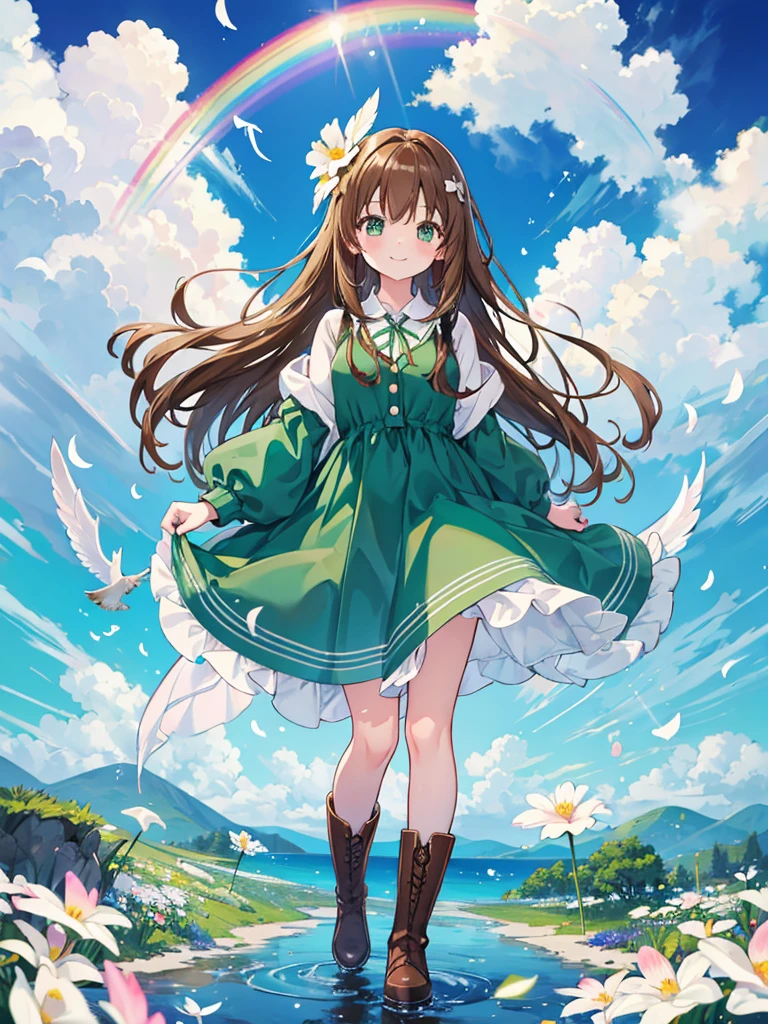 kawaii, anime, Cute, hyper quality, highly detailed, 16k, Front facing, Clarity, smile, full body, one girl, brown long hair, green eyes, It's going to rain, walk in town, blue sky, bright sunlight, brown dress, look up at the sky, puddle, early afternoon, cute accessories, brown bird keychain, upper body, hold one hand up to the sky, smiling, , private clothes, angel feather hairpin, wet flowers, white small flower, color effect, prism effect, white kiwi flower, petals dance, pale rainbow, rainbow effect, light effects, boots, green ribbon,