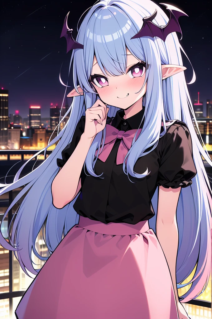 (cowboy shot), (best quality, ultra-high resolution, depth of field:1.2), 1woman, succubus, long flowing hair, (blue and purple hair gradient:1.1), (small black bat wings on the head), pink eyes, pointy ears, small breasts, (white blouse), pink bow tied at collar, pink skirt, sparkles, (blushing), (gentle smile), night cityscape background, (city lights:1.1), (cute and mischievous appearance:1.2)