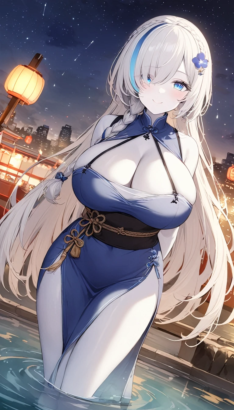blue_streaked_hair,hair_over_one_eye, blue_eyes,very long hair,braid,white hair_ornament,white skin,black nail_polish, solo,1girl, aerial_fireworks, architecture, aurora, bridge, building, city_lights, cityscape, cloud, constellation, crescent_moon, earth_(planet), east_asian_architecture, festival, fireflies, fireworks, flower, fountain, full_moon, galaxy, hair_ornament, horizon,(dress, china_dress, huge breasts:1.2),lantern, light_particles, looking_at_viewer, milky_way, moon, moonlight, night, night_sky, obi, onsen, outdoors, paper_lantern, planet, reflection, sash, shooting_star, sky, skyline, skyscraper, smile, snow, snowing, solo, space, sparkle, standing, star_(sky), star_(symbol), starry_background, starry_sky, starry_sky_print, summer_festival, sunrise, tanzaku, telescope, torii, tower, twilight,wading, water,arms behind back,finger polish
