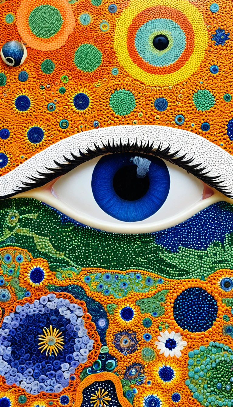 Psychedelic Art:Eye、Iris tectorum Maxim、fish、Tentacles、bird、Eye、diatom,Abstract mosaic painting,Describing the inner world of autistic people,Sense of space,White Space,interesting,Innocence,Psychedelic Art,Orange overall