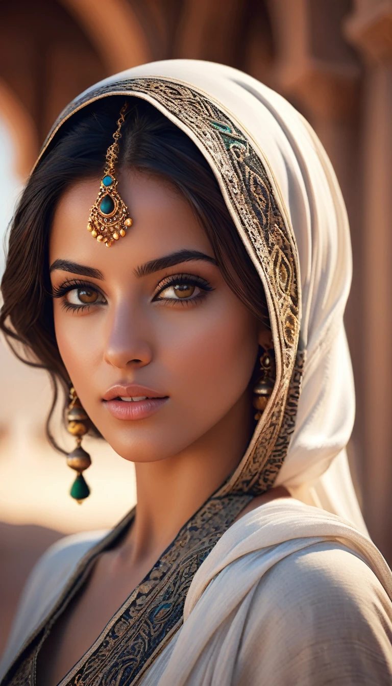 Desert princess, beautiful arabic young woman, modelo 3d de (ah, mulher) unreal engine 5 4k rendering volumetric lighting by greg rutkowski trends in artstation cgsociety rendered in cinema4D octane redshift blender cycles 8K 3HD photorealistic cinematic dramatic studio lighting highly detailed concept oil painting depth field blur soft focus shallow dof color scheme black and white contrast wide style realistic intricate portrait photography with canon closeup 50mm f2 camera.8 lentes ricas, cores vivas e vibrantes, High definition, filme colorido pastel, grain, fundo poligonal baixo, bokeh