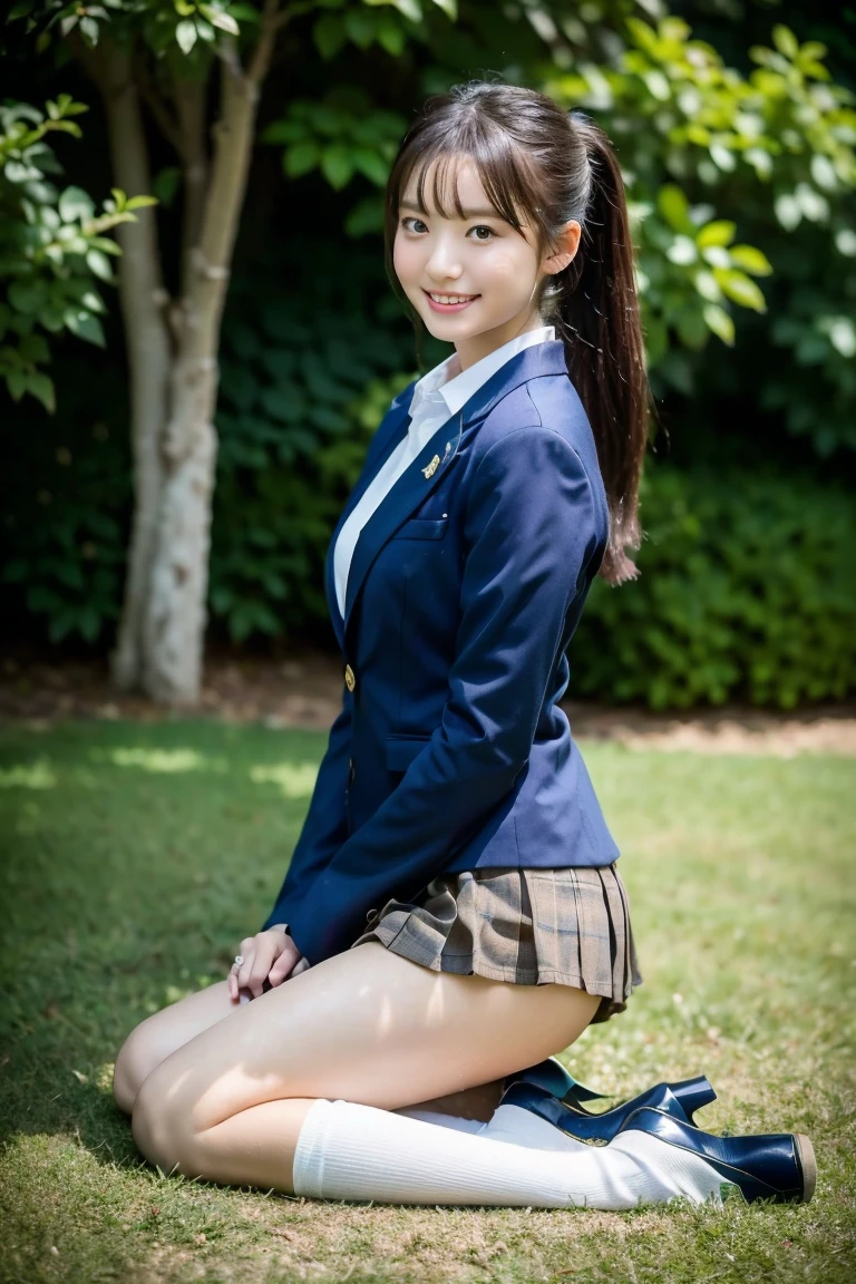 high detail、high quality、8K Photo、Japanese high school girls、One beautiful girl、smile、In uniform、(Brown blazer、Blue checked pleated skirt、Navy blue knee socks、Brown Loafers、ponytail、Double eyelids、White panties)、(Sitting on the grass、Raise your knees and sit with your buttocks on the ground1.5)、((Between the legs in detail、Thighs、between legs、Front angle1.5、Face the photographer、Angle from the ground1.5))