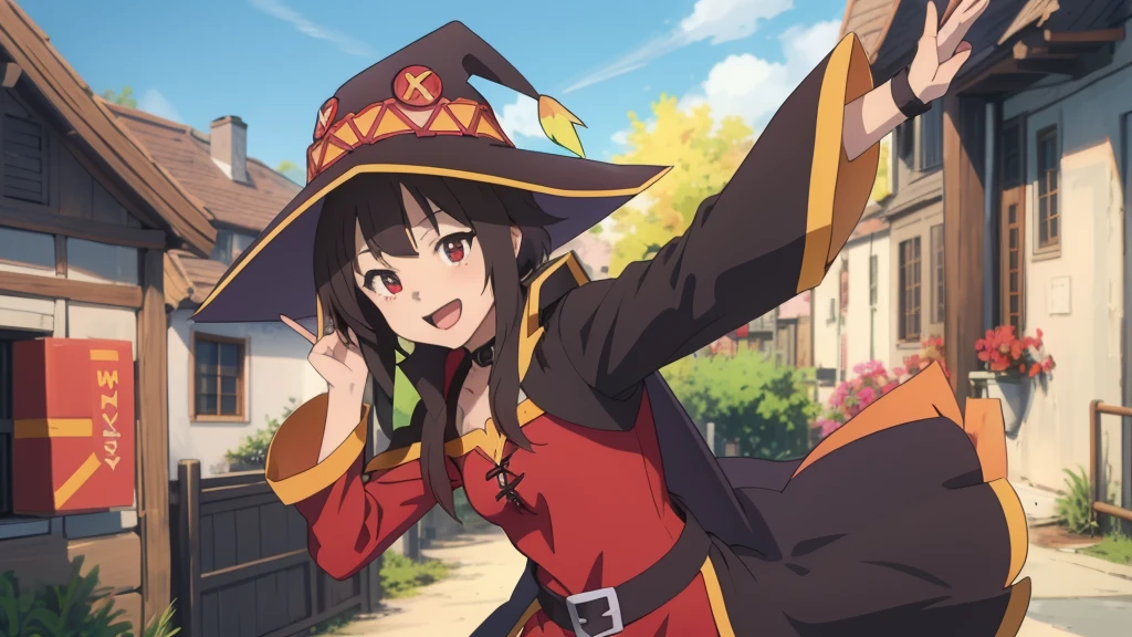 Skinny nymf Megumin
Meisterwerk, best quality, fanart, drawing, digital drawing, Megumin Megumin, the main character of the anime "Konosuba", stands in a characteristic pose, dressed in her usual outfit. She looks straight at the viewer, her eyes wide and full of joy. Megumi smiles radiantly, showing her carelessness and friendliness. Her left arm is raised up and slightly bent at the elbow, palm turned forward. The right arm is lowered down and relaxed. The overall background of the image should be bright and colorful to emphasize the cheerfulness of the scene, Meisterwerk, best quality, fanart, drawing, digital drawing
