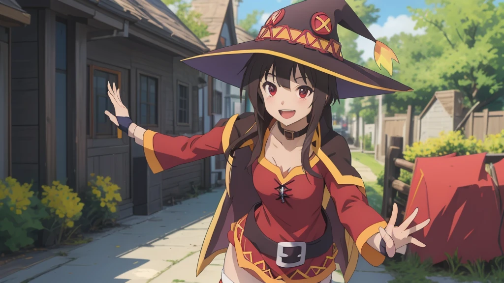 Skinny nymf Megumin
Meisterwerk, best quality, fanart, drawing, digital drawing, Megumin Megumin, the main character of the anime "Konosuba", stands in a characteristic pose, dressed in her usual outfit. She looks straight at the viewer, her eyes wide and full of joy. Megumi smiles radiantly, showing her carelessness and friendliness. Her left arm is raised up and slightly bent at the elbow, palm turned forward. The right arm is lowered down and relaxed. The overall background of the image should be bright and colorful to emphasize the cheerfulness of the scene, Meisterwerk, best quality, fanart, drawing, digital drawing