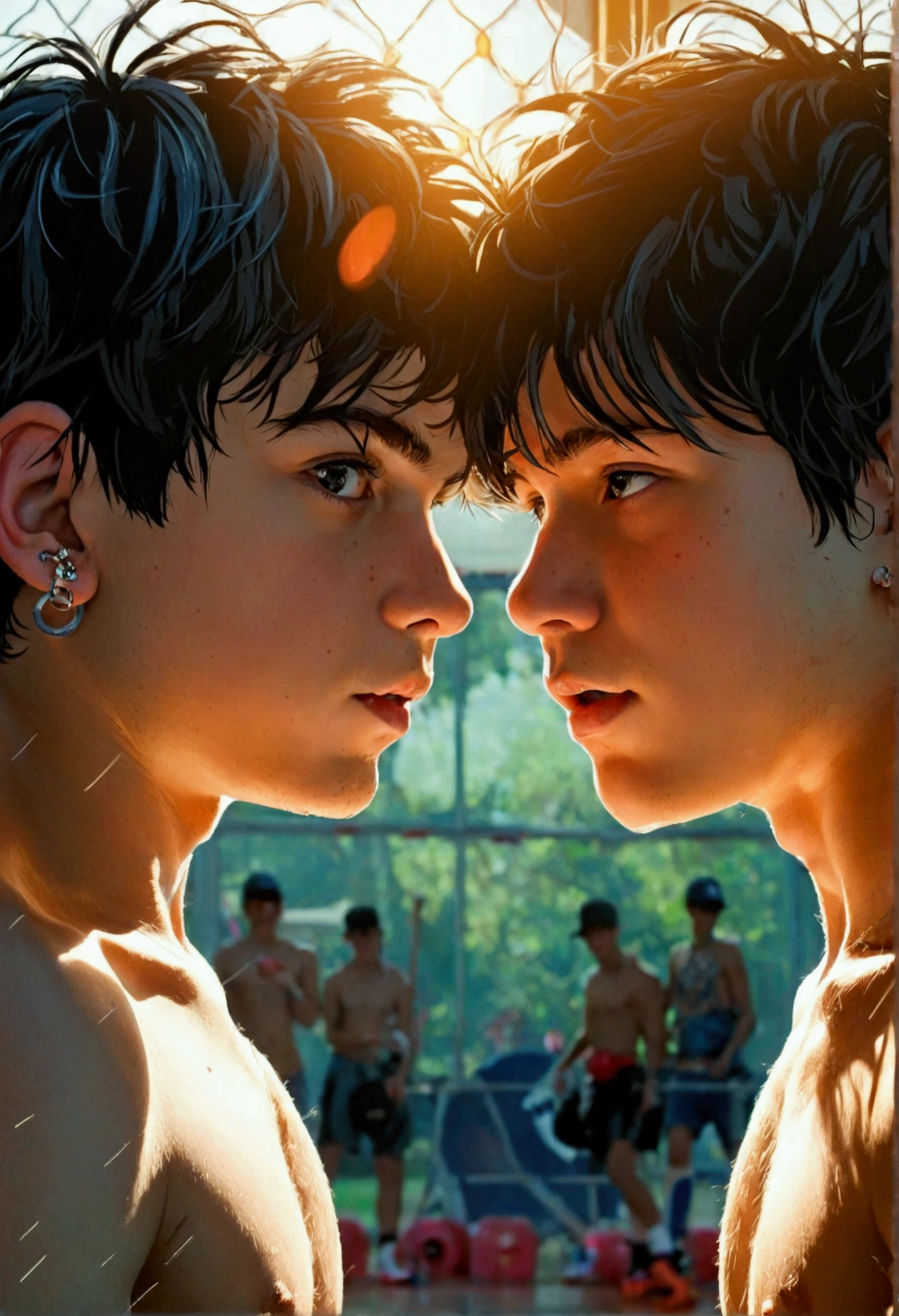 two boys looking at each other with desire, they are close, they are men, they are at school.