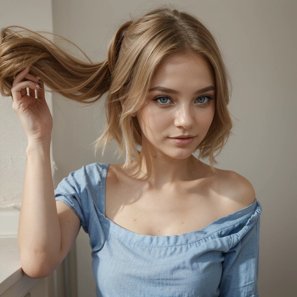 Très jolie femme blonde aux yeux bleus, fond d’une pièce, photo réaliste, ropa style egirl, e-fille, egirl, beaucoup de volume de cheveux, cheveux blond, belle, Chef-d’œuvre, haute résolution, joli maquillage, maquillage egirl, style egirl, Des couleurs sombres, éblouissement, sourcils alignés, yeux symétriques, lèvres charnues, des dents parfaites, souriant, il serait, egirl_affronter, egirl_tenue, egirl_se maquiller