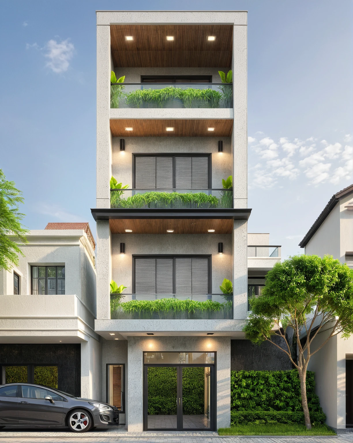 modern villa on street, (daylight), tropical tree, green shrub and plants, vivid color, streetcapes, minimalist design, brigth grey tone, large glass door, warm interior lighting, modern material, best quality, ultra realistic, masterpiece, 17ArchiAI_XL_VL-v1