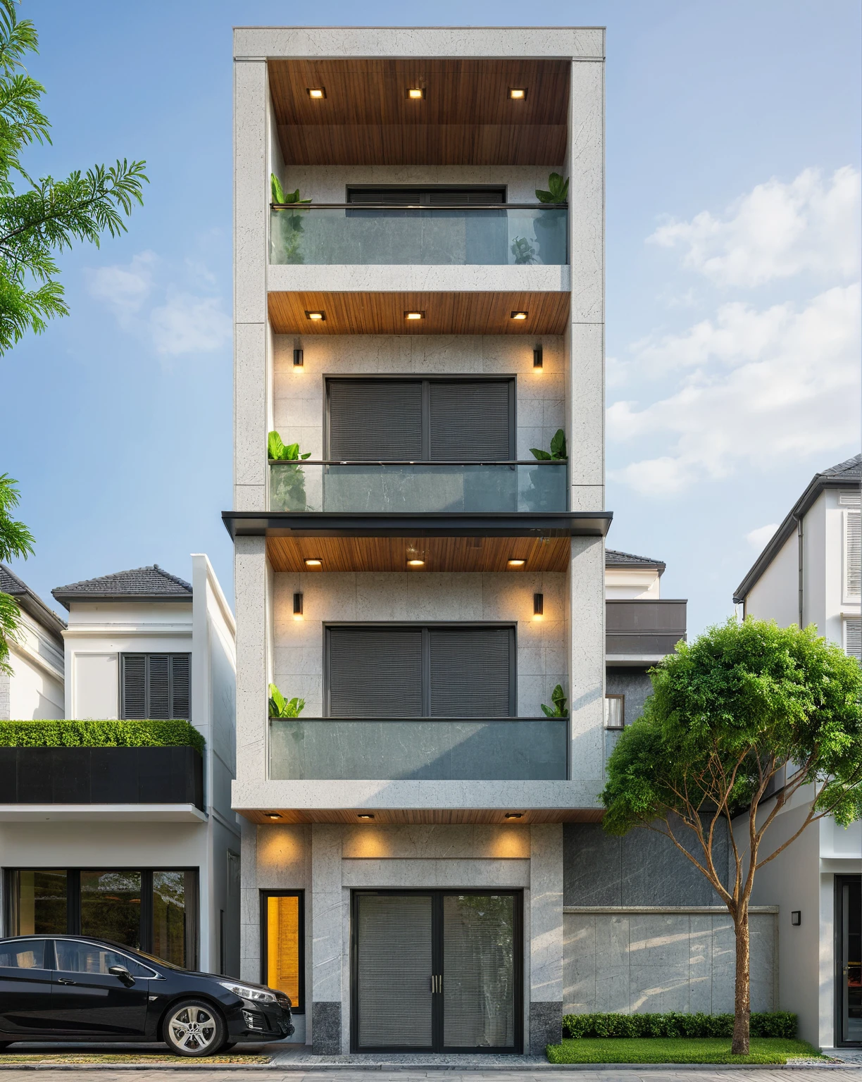 modern villa on street, (daylight), tropical tree, green shrub and plants, vivid color, streetcapes, minimalist design, brigth grey tone, large glass door, warm interior lighting, modern material, best quality, ultra realistic, masterpiece, 17ArchiAI_XL_VL-v1
