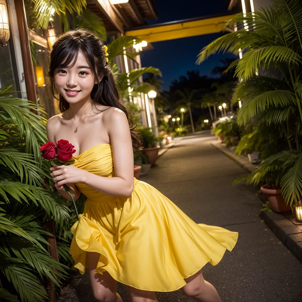 Wearing a yellow dress、A woman enjoying vacation at a tropical resort at night。With a red rose in my hand。