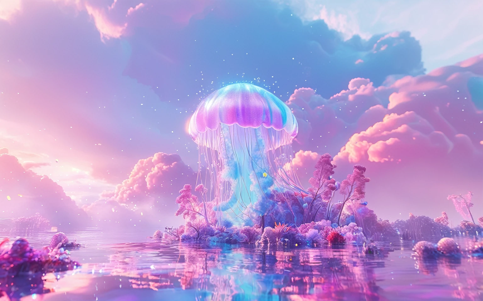 there is a jellyfish floating in the water with clouds in the background, 3 d render beeple, cyberpunk jellyfish, colorful flat surreal ethereal, surreal dream landscape, beeple daily art, epic dreamlike fantasy landscape, a surreal dream landscape, surreal 3 d render, surreal colors, in style of beeple, vaporwave surreal ocean, surreal dreamscape