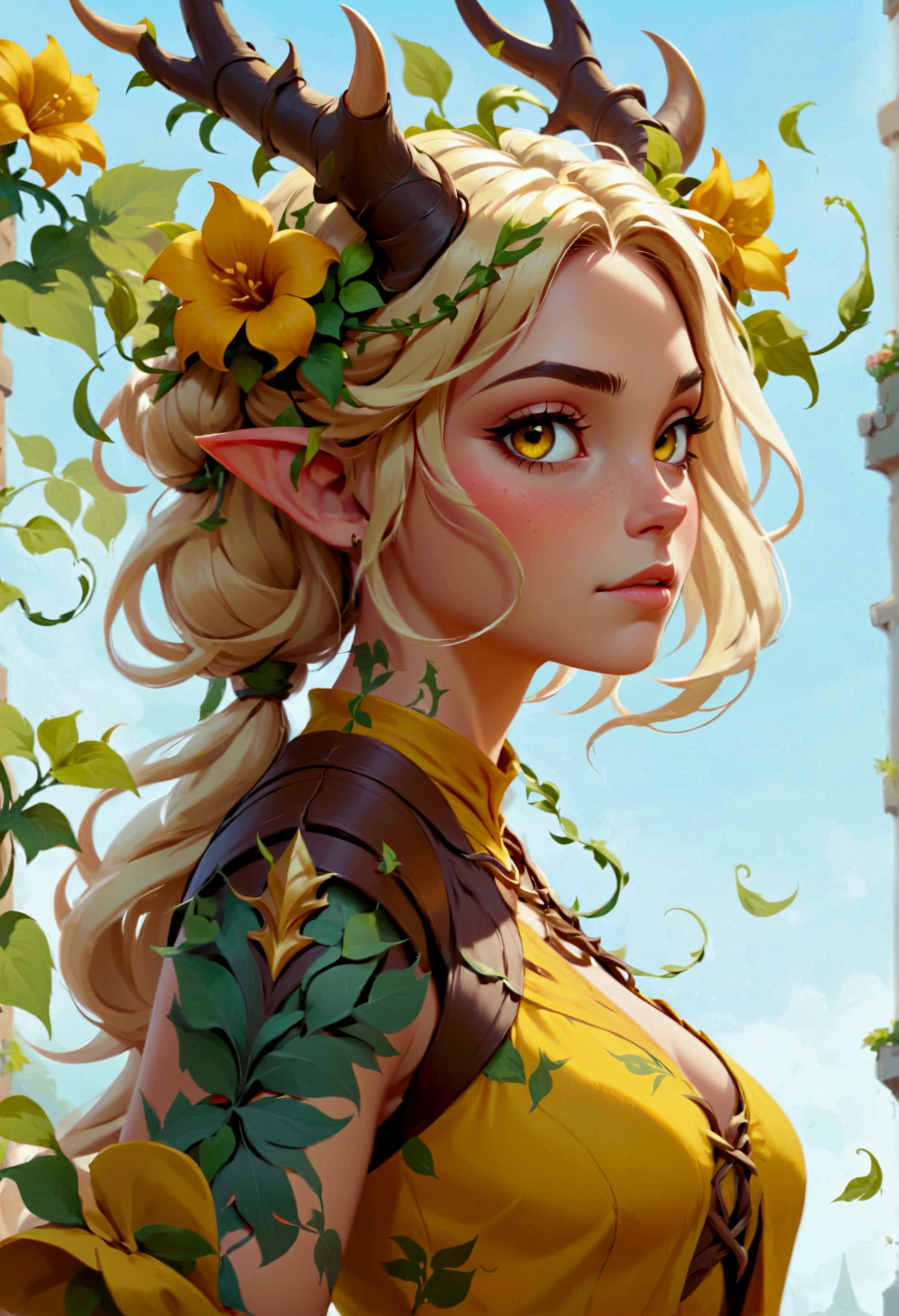 simple style, valorant style,haracter concept art,  yellow medieval summer girl, concept, vines on the hand and horns from vines, ((full body))