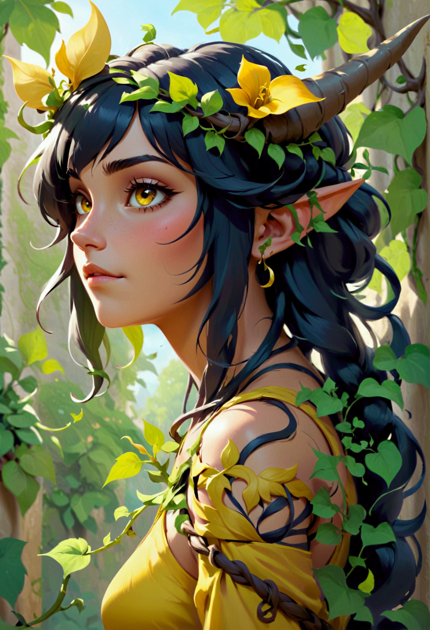 simple style, valorant style,haracter concept art,  yellow medieval summer girl, concept, vines on the hand and horns from vines, ((full body))