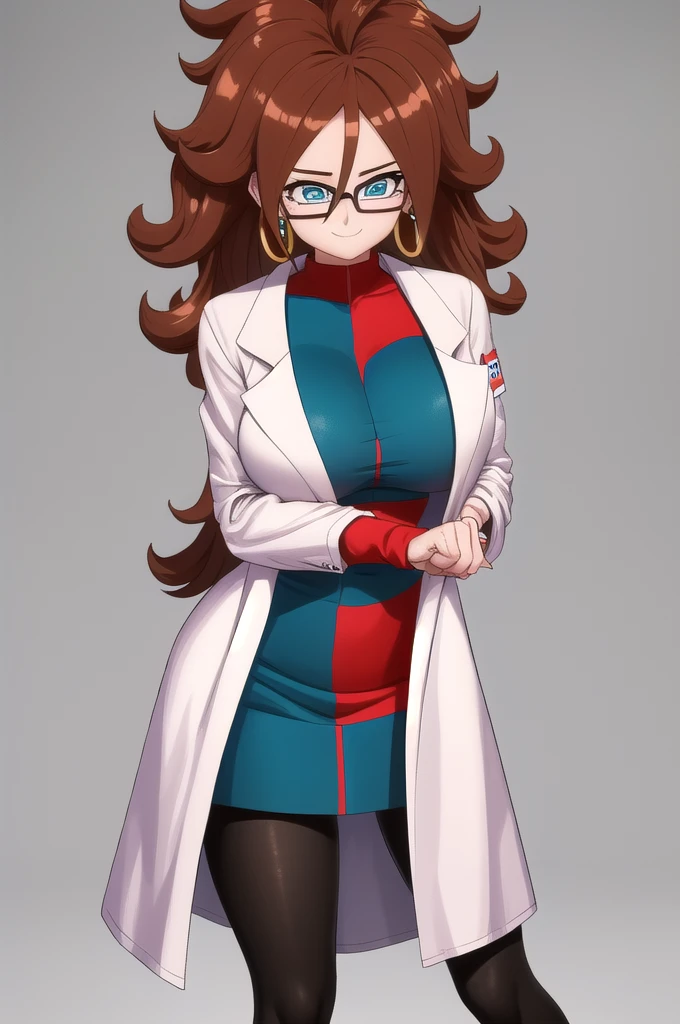 android21, 1girl, solo, blue eyes, brown hair, long hair, curly hair, hair between eyes, jewelry, hoop earrings, glasses,
checkered dress, two-tone dress, multicolored dress, tight dress, turtleneck, black pantyhose, labcoat, long sleeves,
smile,closed mouth,cowboy shot, laboratory background, blushing, Big breasts, bent over, thick legs, standing 
(insanely detailed, beautiful detailed face, masterpiece, best quality) cinematic lighting,