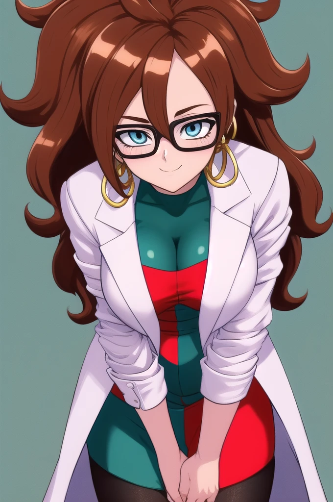 android21, 1girl, solo, blue eyes, brown hair, long hair, curly hair, hair between eyes, jewelry, hoop earrings, glasses,
checkered dress, two-tone dress, multicolored dress, tight dress, turtleneck, black pantyhose, labcoat, long sleeves,
smile,closed mouth,cowboy shot, laboratory background, blushing, Big breasts, bent over, thick legs, standing 
(insanely detailed, beautiful detailed face, masterpiece, best quality) cinematic lighting,