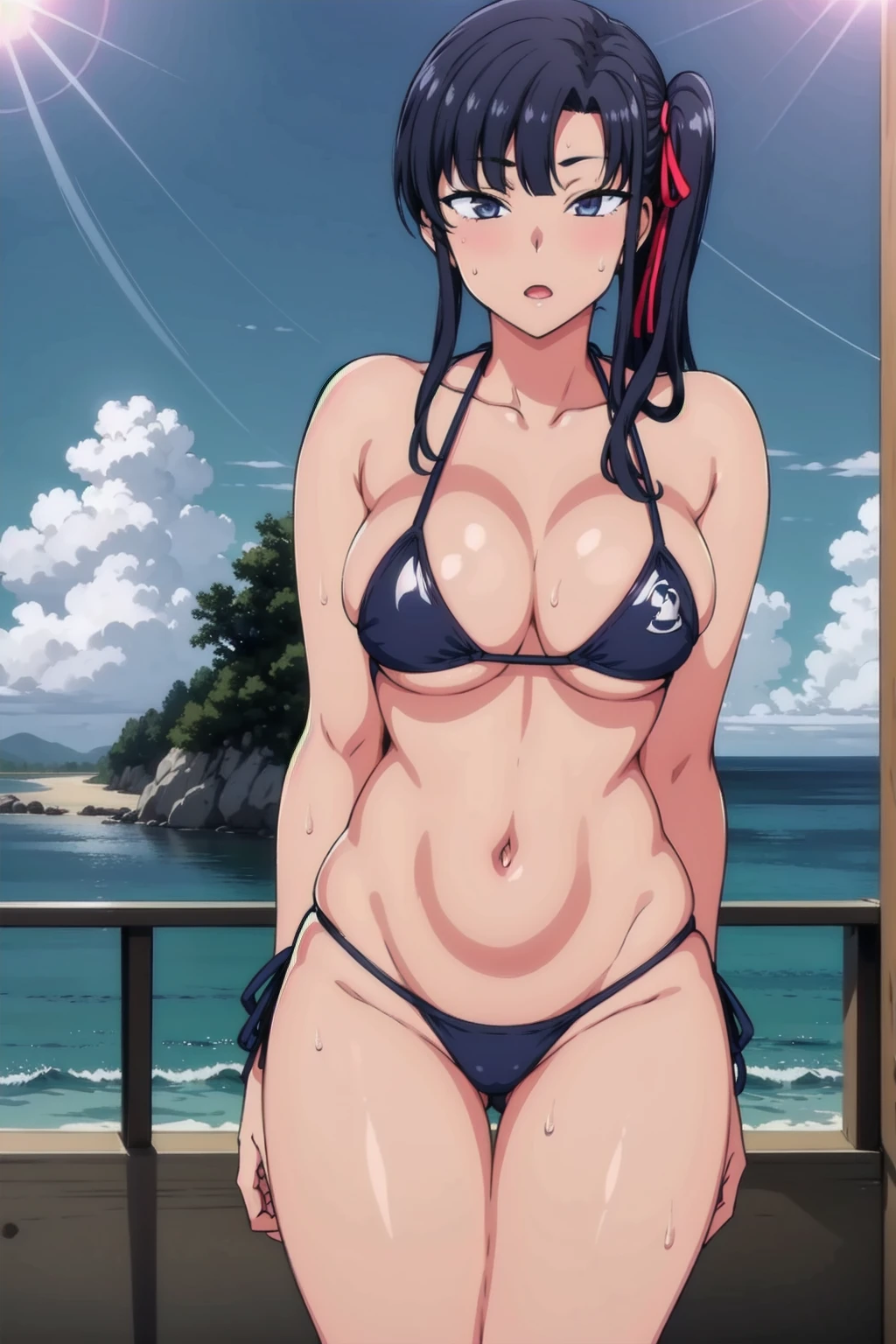 Narrow waist,Black_hair,hair_ribbon,side ponytail,Bangs,looking at the viewer, Bikini,blue theme, blue background, cloudy sky, sunlight, sweat, orgasmic,swimsuit,collarbone, thighs, sea,